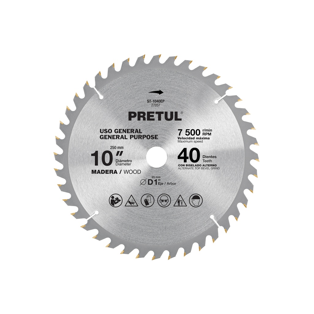 Disco sierra p/madera 10', 40 dientes, centro 1', PRETUL 27057