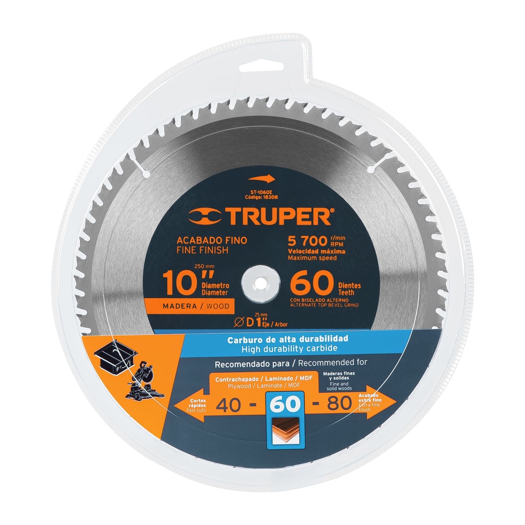 Disco sierra p/madera 10', 60 dientes, centro 1'