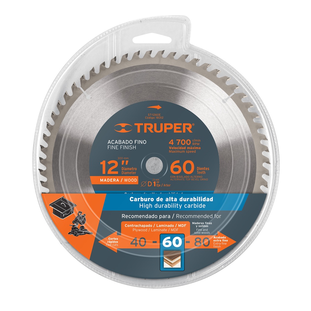 Disco sierra p/madera 12', 60 dientes, centro 1'