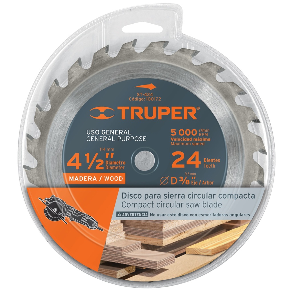 Disco sierra p/madera 4-1/2', 24 dientes, centro 3/8'