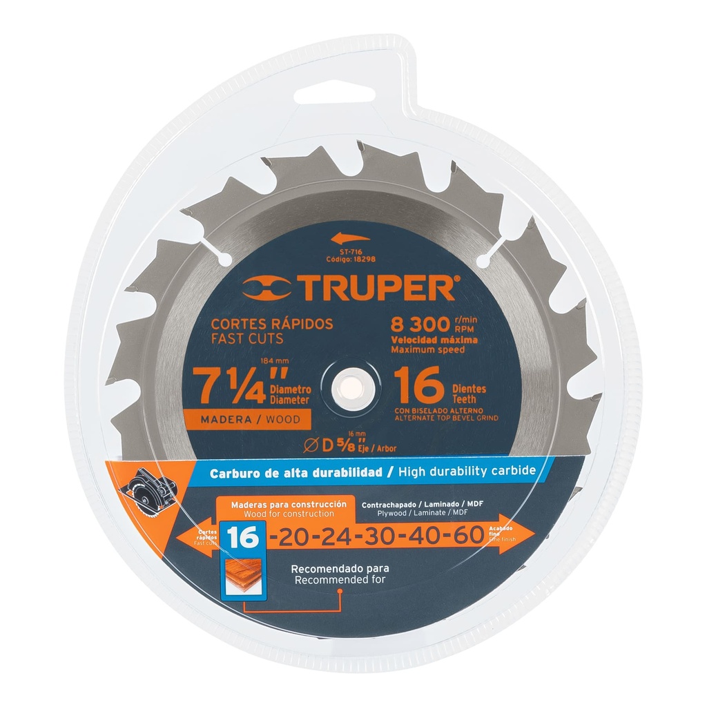 Disco sierra p/madera 7- 1/4', 16 dientes, centro 5/8'