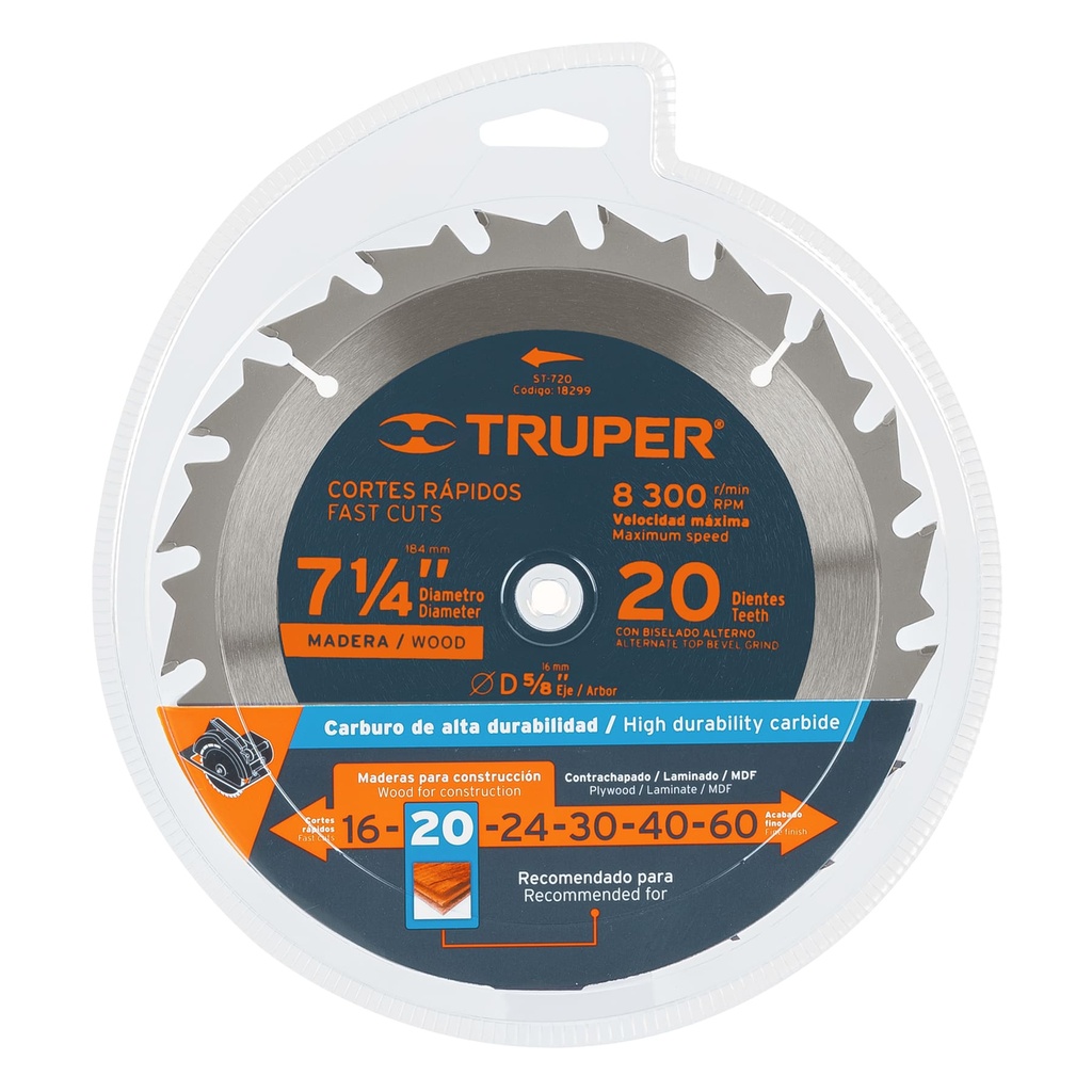 Disco sierra p/madera 7- 1/4', 20 dientes, centro 5/8'