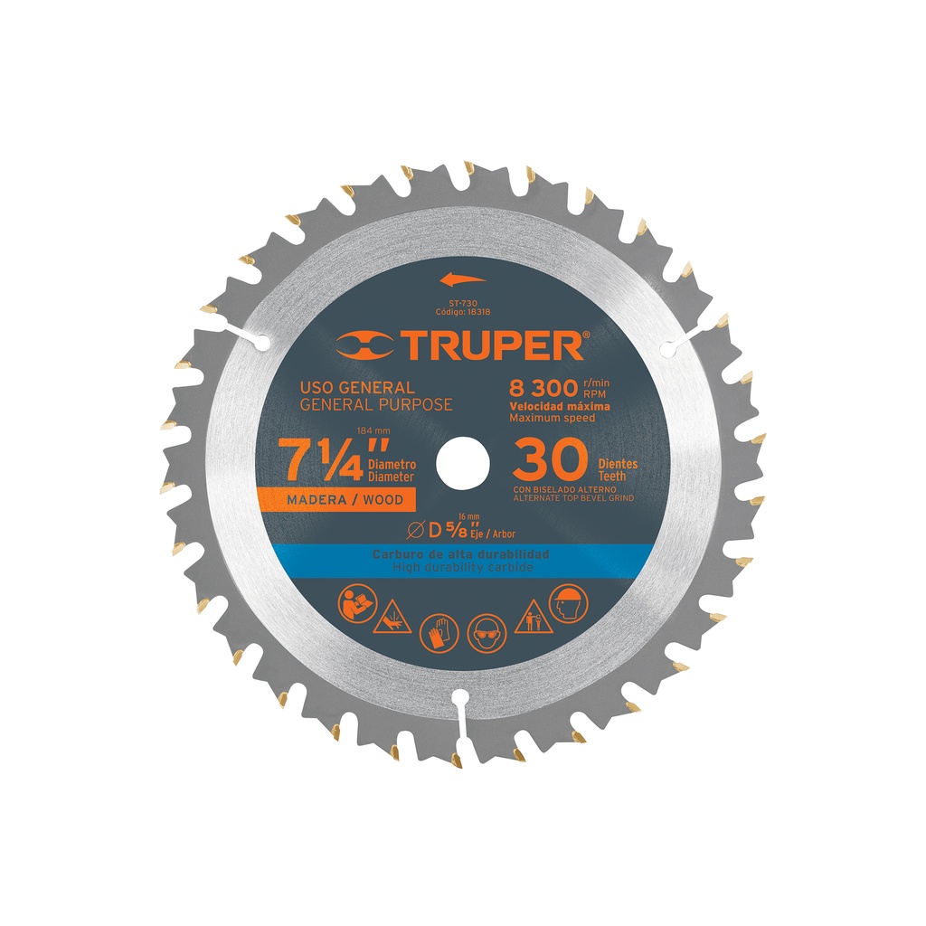 Disco sierra p/madera 7- 1/4', 30 dientes, centro 5/8'