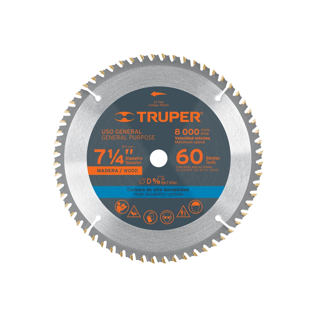 Disco sierra p/madera 7- 1/4', 60 dientes, centro 5/8'