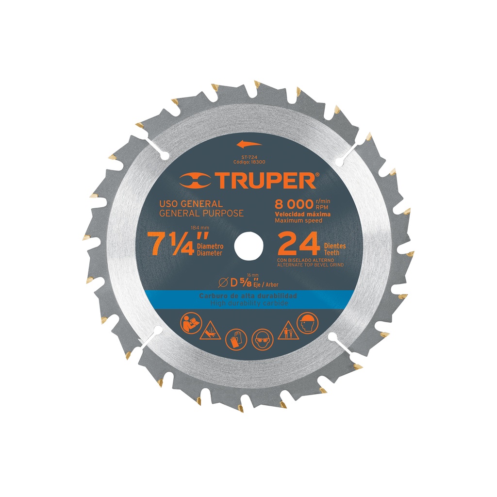 Disco sierra p/madera 7-1/4', 24 dientes, centro 5/8'