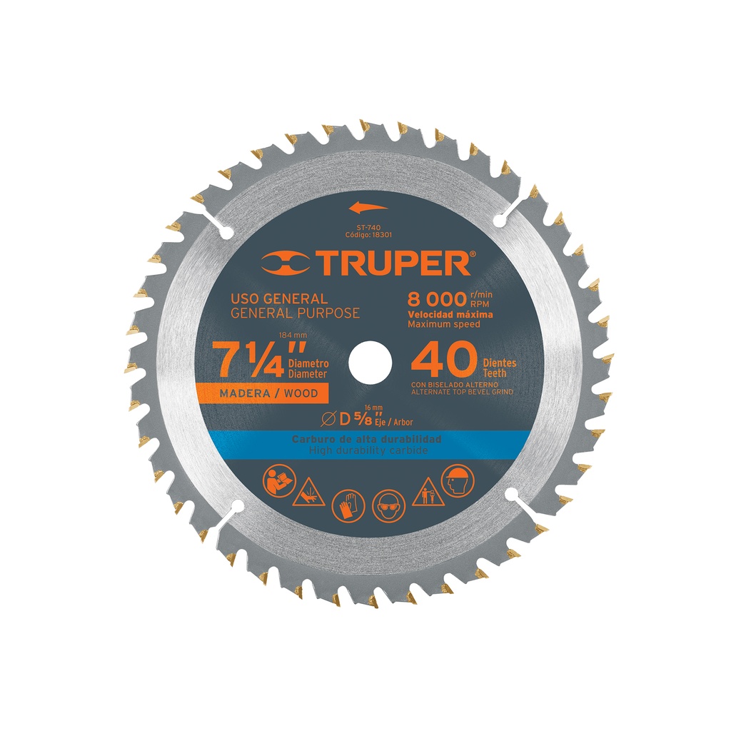 Disco sierra p/madera 7-1/4', 40 dientes, centro 5/8'