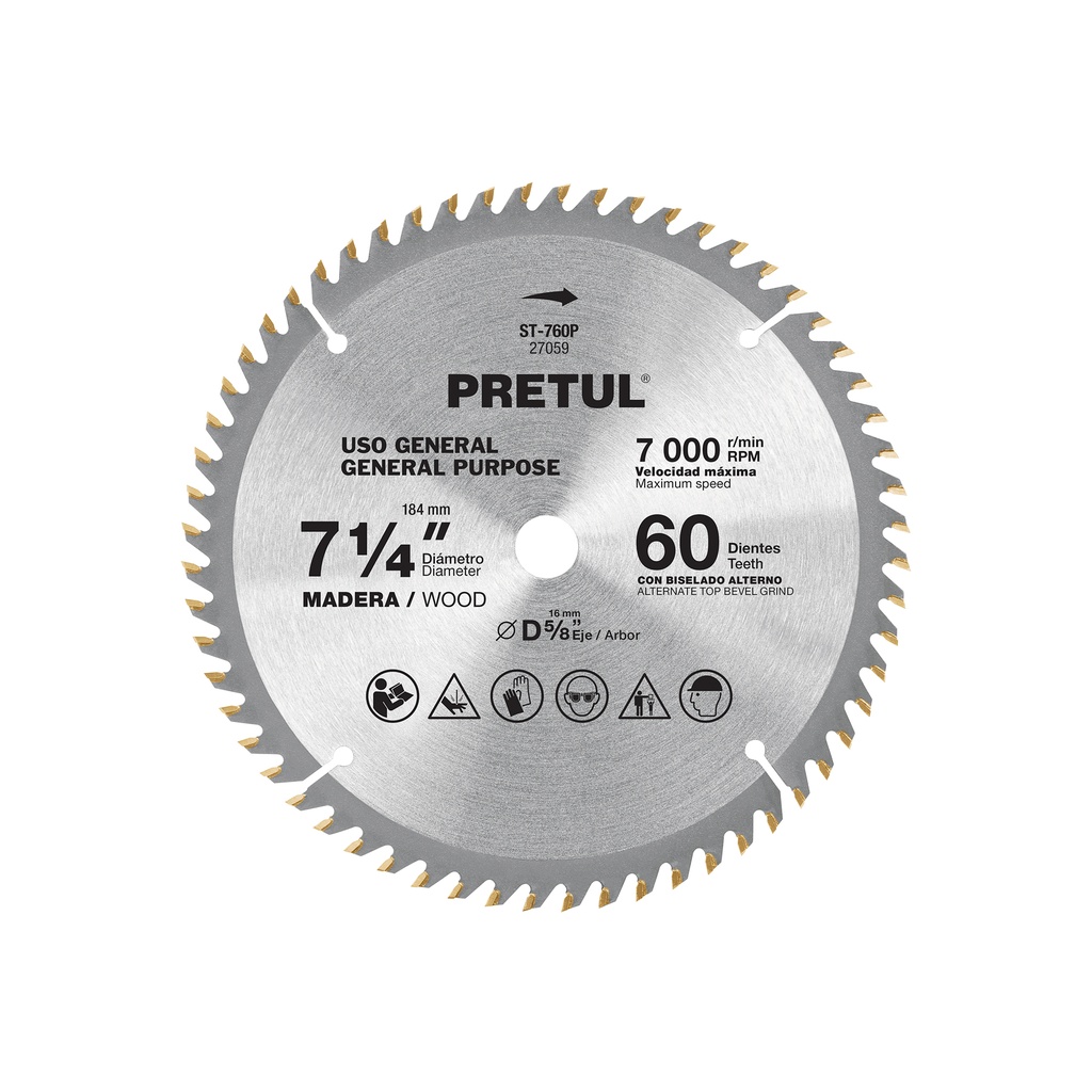 Disco sierra p/madera 7-1/4', 60 d, centro 5/8',Pretul ST-760P