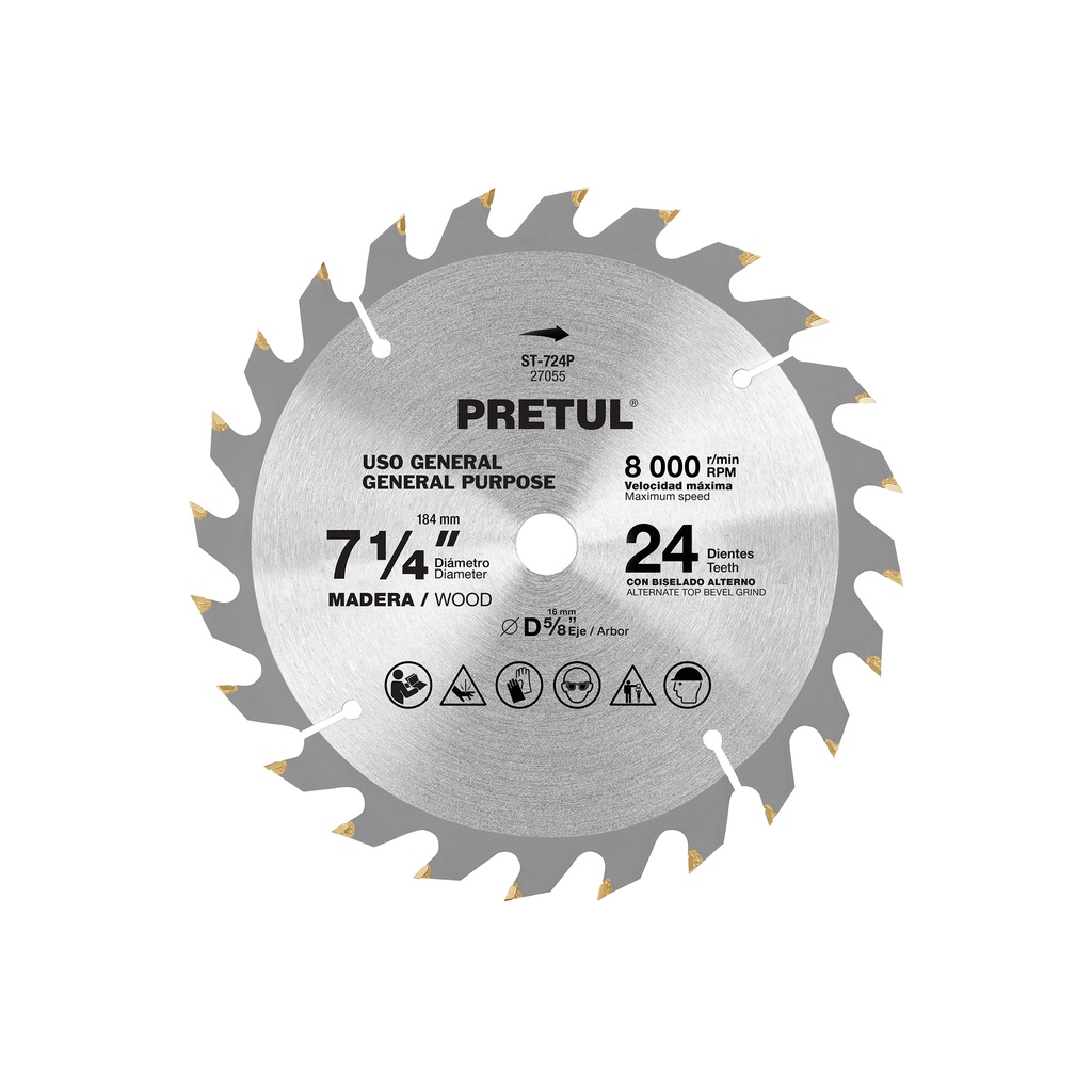 Disco sierra p/madera 7-1/4',24 dientes, centro 5/8', Pretul