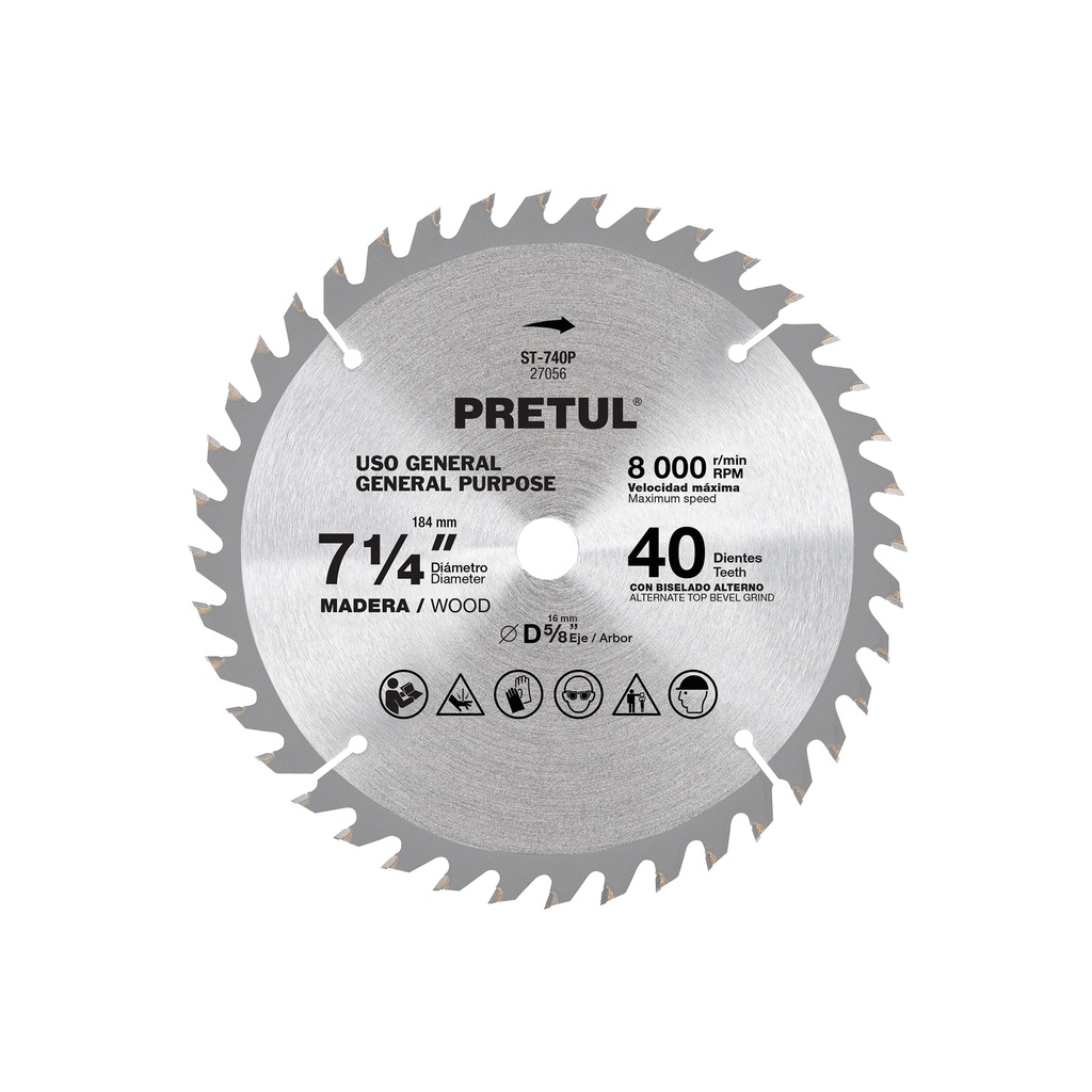 Disco sierra p/madera 7-1/4',40 dientes ,centro 5/8', Pretul ST-740P