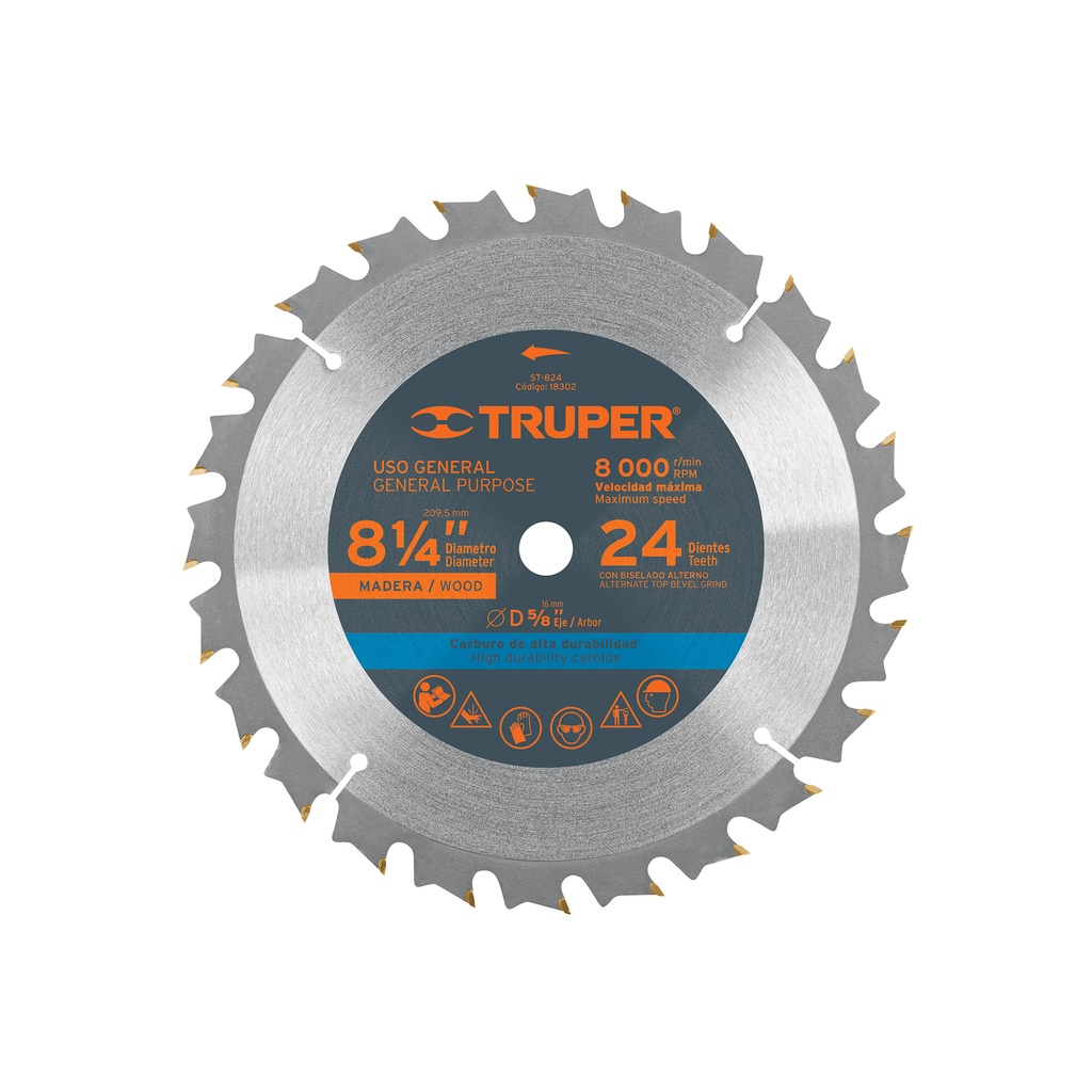 Disco sierra p/madera 8-1/4', 24 dientes, centro 5/8'