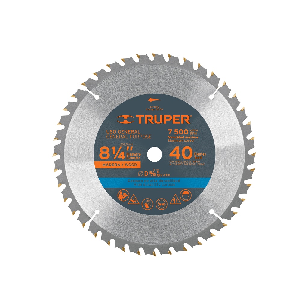 Disco sierra p/madera 8-1/4', 40 dientes, centro 5/8'