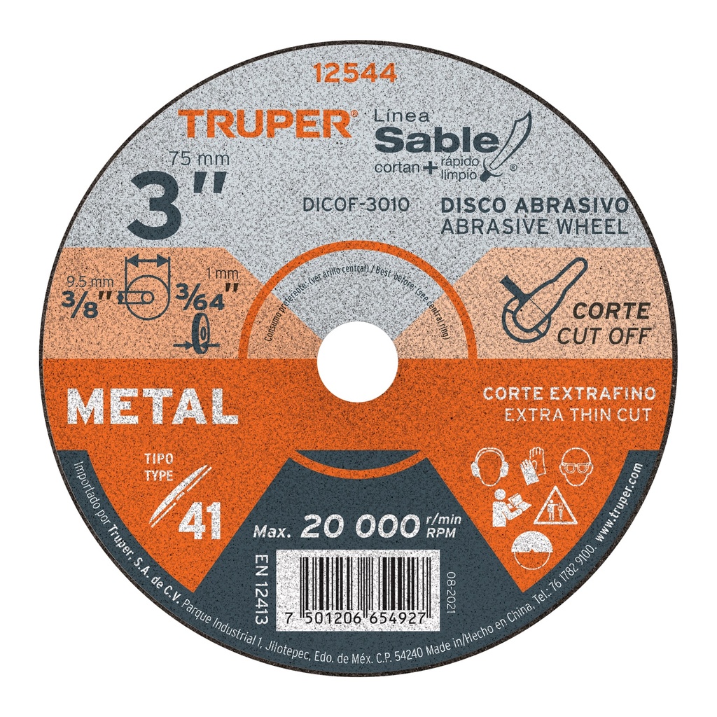 Disco Tipo 41 para corte fino de metal 3'