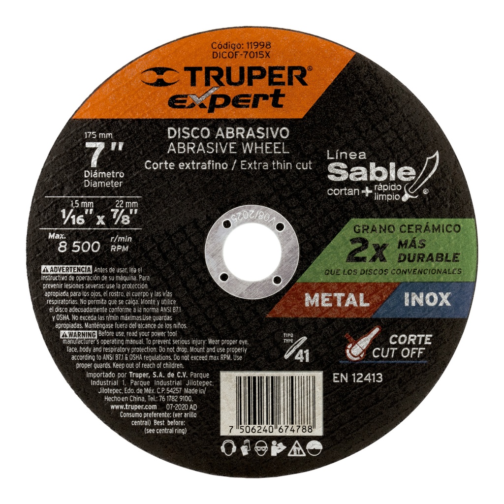 Disco tipo 41, corte fino metal, LÌnea Sable 7', Expert