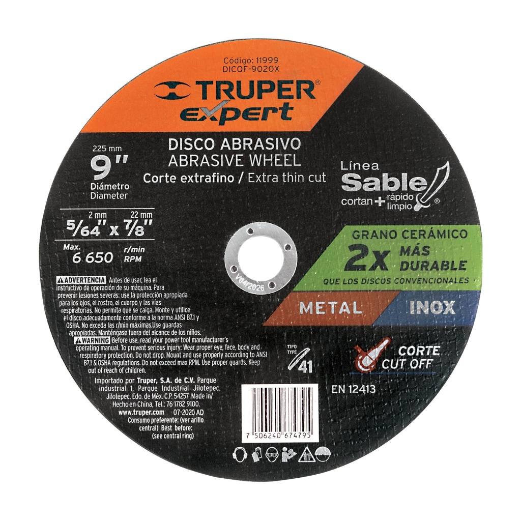Disco tipo 41, corte fino metal, LÌnea Sable 9', Expert