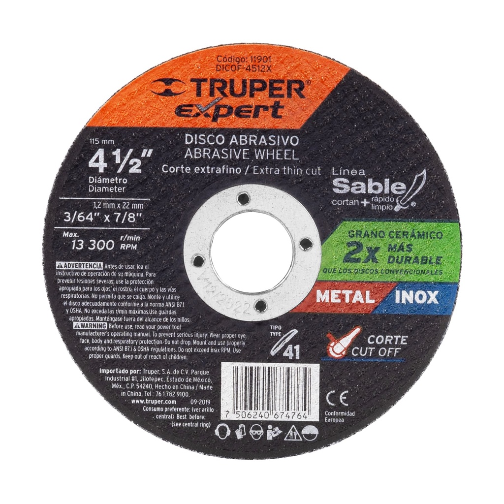 Disco tipo 41, corte metal, LÌnea Sable 4-1/2',1.2mm, Expert