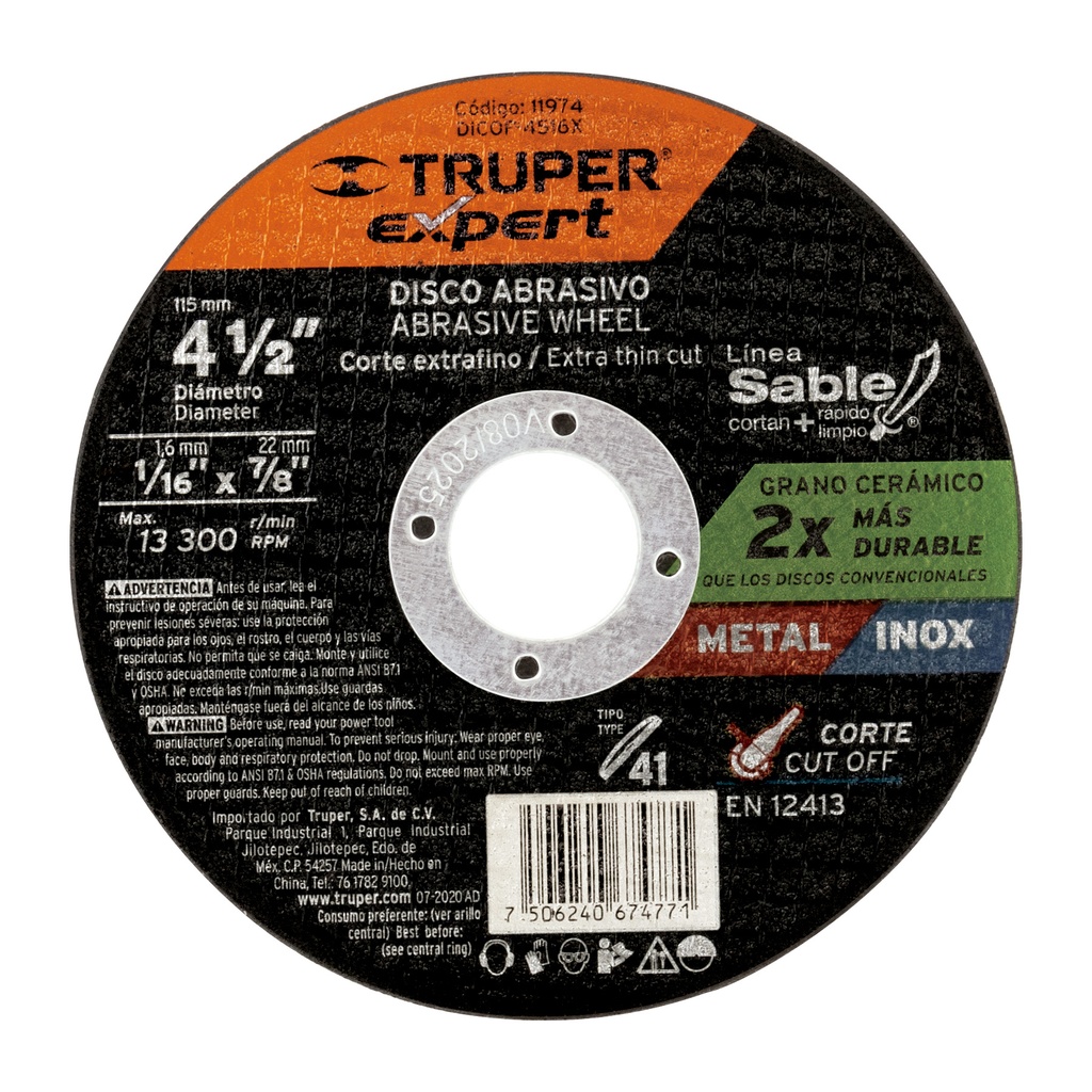 Disco tipo 41, corte metal, LÌnea Sable 4-1/2',1.6mm, Expert