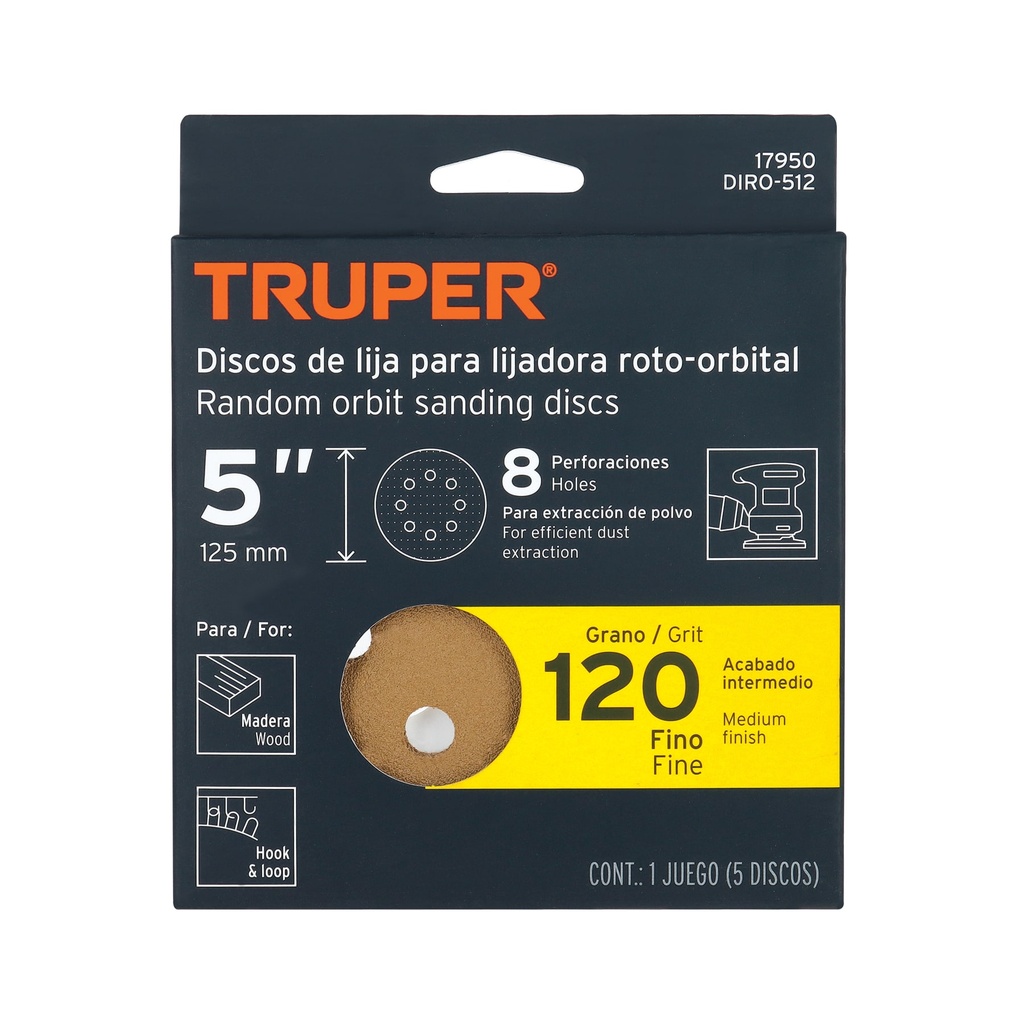 Discos de lija roto orbital 5',grano 120, 8 orificios, 5pzas