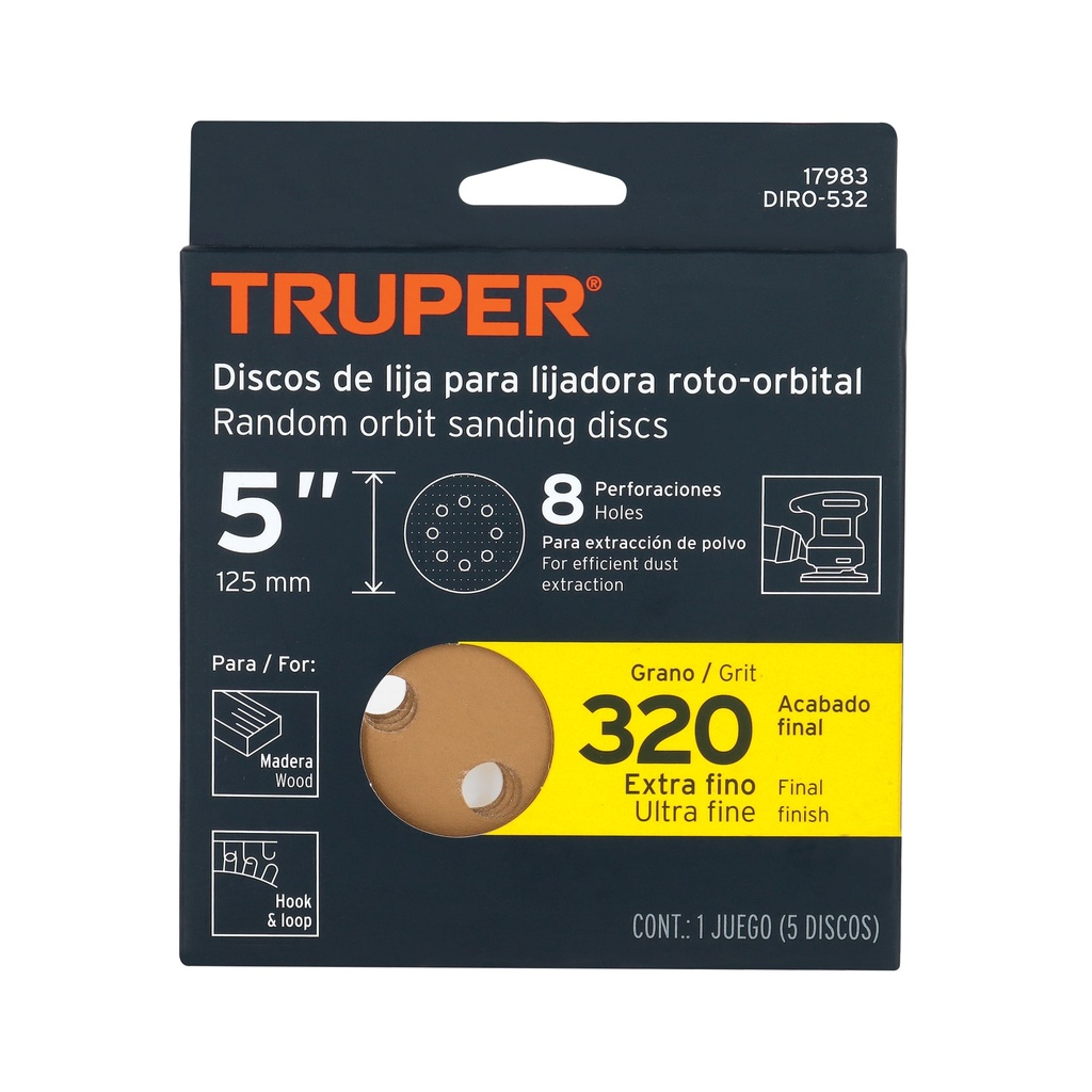 Discos de lija roto orbital 5',grano 320, 8 orificios, 5pzas   17983  truper 