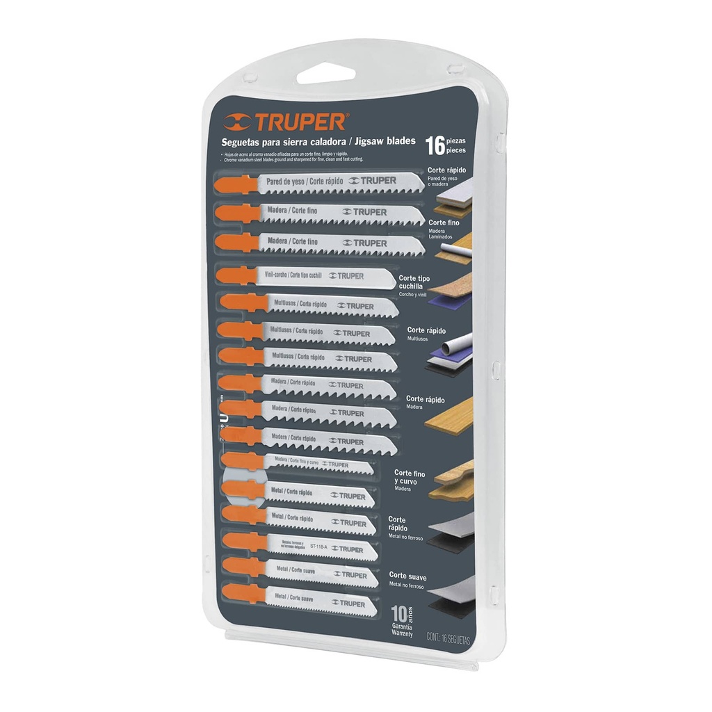 Juego seguetas caladoras, zanco T, cortes rectos, 16 pzas