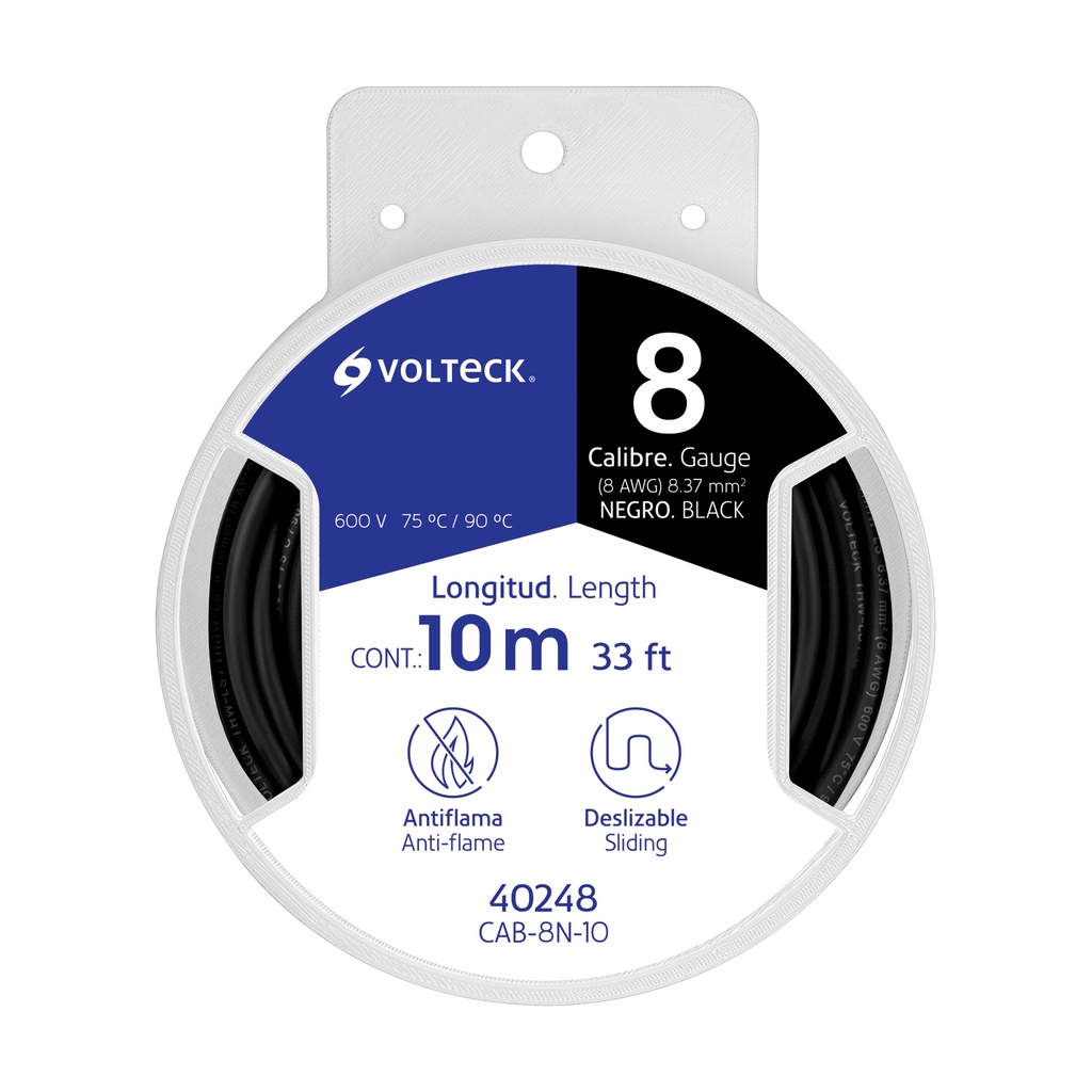CAB-8N-10 Carrete con 10 m de cable THHW-LS 8 AWG negro, Volteck 40248 