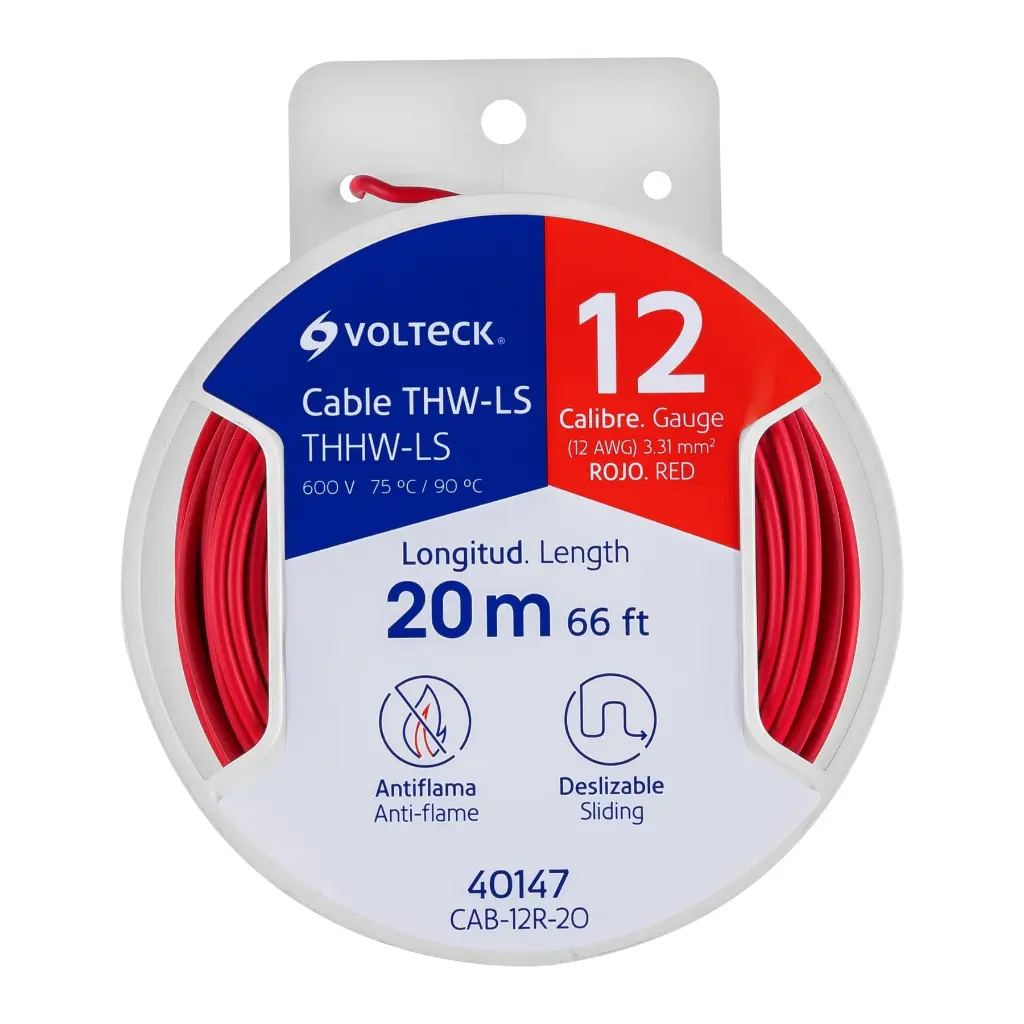 CAB-12R-20 Carrete con 20 m de cable THHW-LS 12 AWG rojo, Volteck  40147