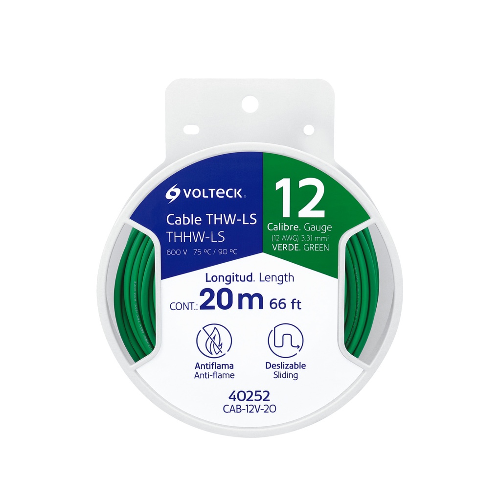 CAB-12V-20 Carrete con 20 m de cable THHW-LS 12 AWG verde, Volteck  40252 