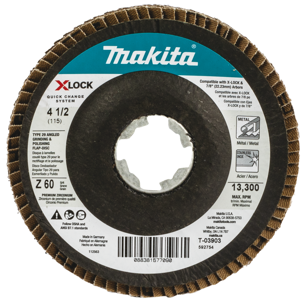 Disco Angular X-LOCK y Esmeriladoras con Eje de 7/8" de 4-1/2" Tipo 29, Grano 60 para Esmerilado y Superficies T-03903