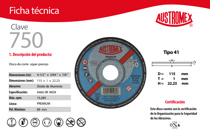 DISCO PARA CORTE DE ACERO INOXIDABLE SUPER DELGADO (PREMIUM) 4.1/2"X1Mmx7/8"  750  AUSTROMEX