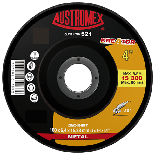 [AUS521] DISCO ABRASIVO PARA DESBASTE DE ACERO, FUNDICIÓN Y SOLDADURA         100 x 6.4 x 15.88 mm  521  AUSTROMEX 