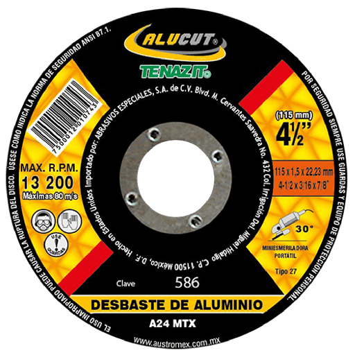 [AUS586] DISCO ABRASIVO PARA DESBASTE DE ALUMINIO Y METALES NO FERROSOS      115 x 5 x 22.23 mm  586  AUSTROMEX 