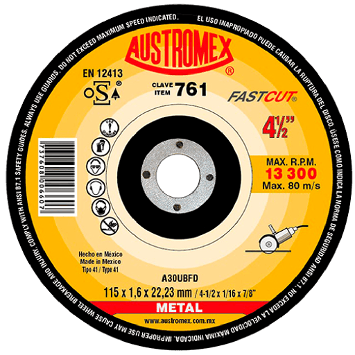 [AUS761] DISCO PARA CORTE DE METAL LARGA DURACION (FASTCUT) 4.1/2"X1/16"X7/8"   761  AUSTROMEX 