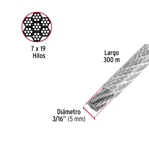 [CAB-3/16FX3] Cable flexible de acero 3/16', recubierto PVC, 7X19, 300 m  FIERO 48811