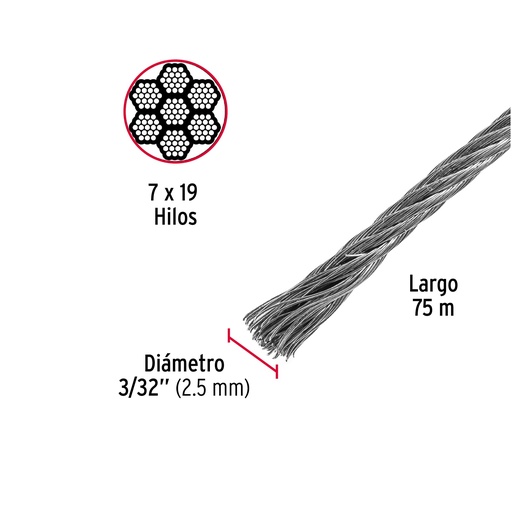 [CAB-3/32F] Cable flexible de acero 3/32', 7X19, 75 m               FIERO  44214