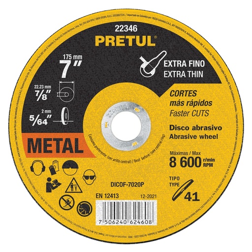 [DICOF-7020P] Disco abrasivo para corte extrafino,Tipo 41, 7', 2 mm Pretul