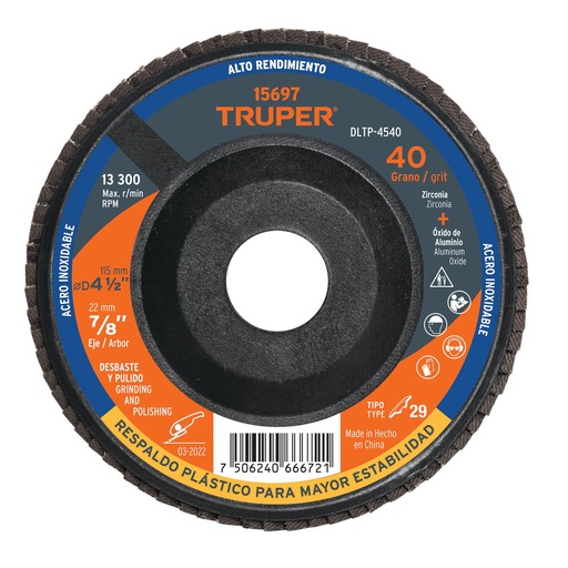 [DLTP-4540] Disco laminado respaldo pl·stico 4-1/2',barreno 7/8'grano 40