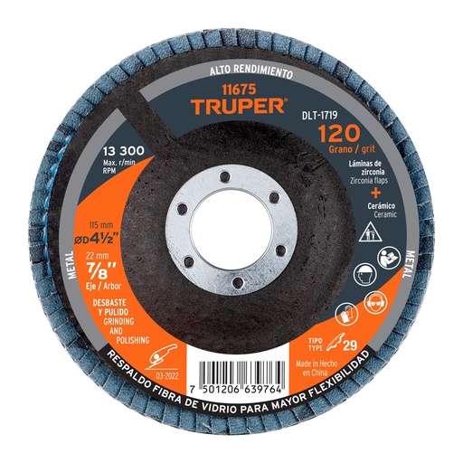 [DLT-1719] Disco laminado, 4-1/2', grano 120, centro 7/8'
