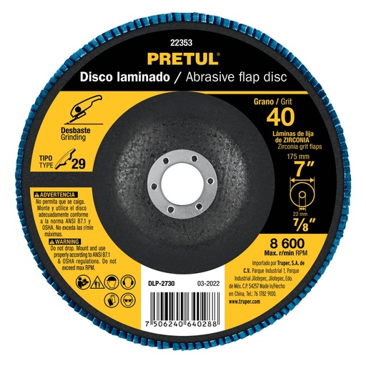 [DLP-2730] Disco laminado, 7', grano 40, centro 7/8', Pretul