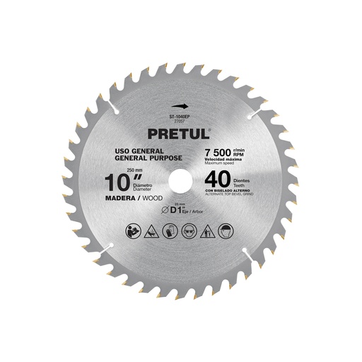 [ST-1040EP] Disco sierra p/madera 10', 40 dientes, centro 1', Pretul ST-1040EP