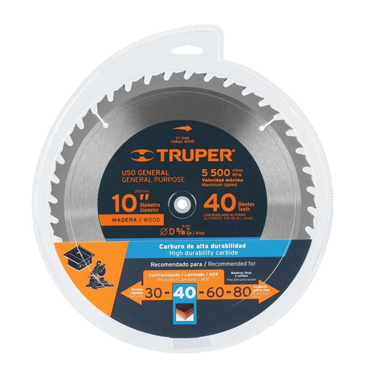 [ST-1040] Disco sierra p/madera 10', 40 dientes, centro 5/8'