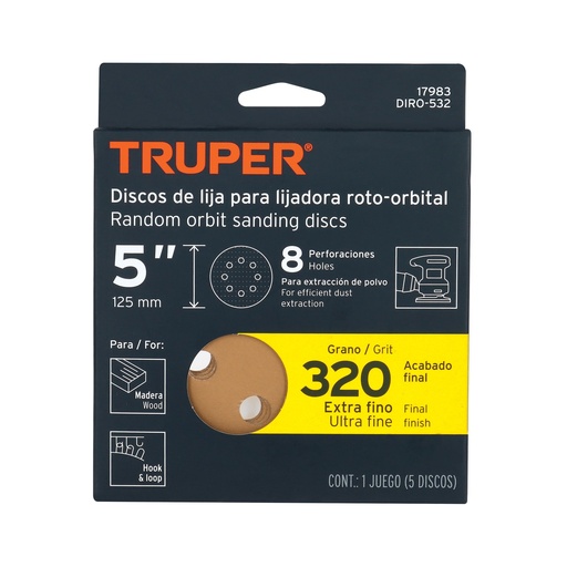 [DIRO-532] Discos de lija roto orbital 5',grano 320, 8 orificios, 5pzas   17983  truper 