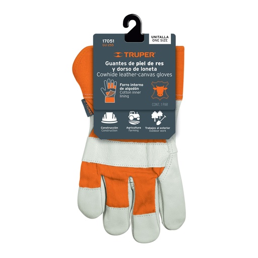 [GU-255] Guantes de piel de res y dorso de loneta